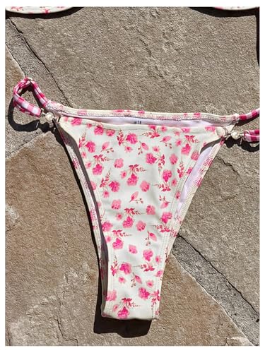 Image of Women's Floral Print Cheeky Bikini Sets Pearl Decor Halter Triangle High Cut String Thong Swimsuits
