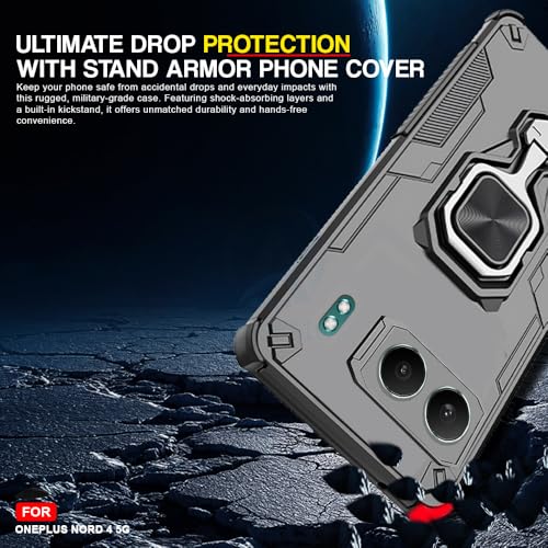 Image of AESTMO Armor Back Cover for OnePlus Nord 4 5G | Ring Holder & Kickstand & Camera Protection in-Built | 360 Degree Protection Back Case Cover (Black)