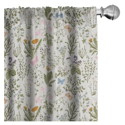 Ambesonne Floral Window Curtains Pack of 2, Vintage Garden Plants Herbs Flowers Botanical Classic Design Art, Lightweight Set with Rod Pocket, 4 Panels of - 28" x 84", Mustard Green Cover