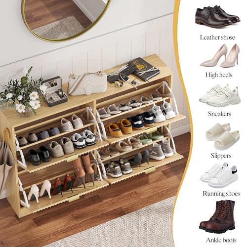 Image of HUANLEGO Shoe Cabinet Storage for Entryway with 4 Flip Drawers, Oak Fluted Shoe Cabinet with Adjustable Shelves, Wooden Hidden Shoes Rack Freestanding Narrow Slim Shoes Storage for Hallway, Entrance