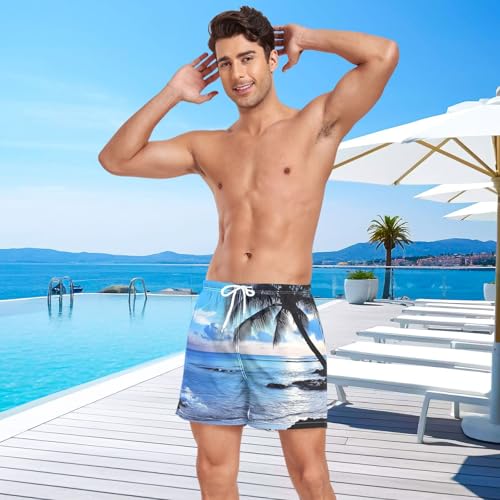 Mens Swim Trunks with Liner, Beach Palm Tree Cool Quick Dry Beach Swim Shorts, Swimwear Bathing Suits S4