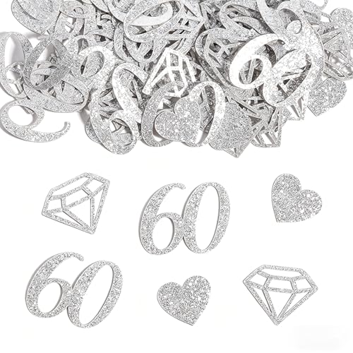 100pcs 60th Wedding Anniversary Decorations Table Diamond Wedding Confetti Silver Heart Shaped Diamond for 60th Anniversary Table Party Supply(Silver)