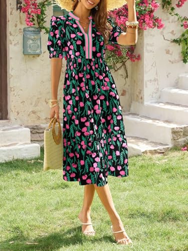 Image of Wenrine Womens Summer Floral Puff Short Sleeve V Neck Flowy Midi Dress | Casual,Ruffle Sleeve,Empire Waist,Swing,Boho,Beach,Vacation,Maxi Dress,with Pockets