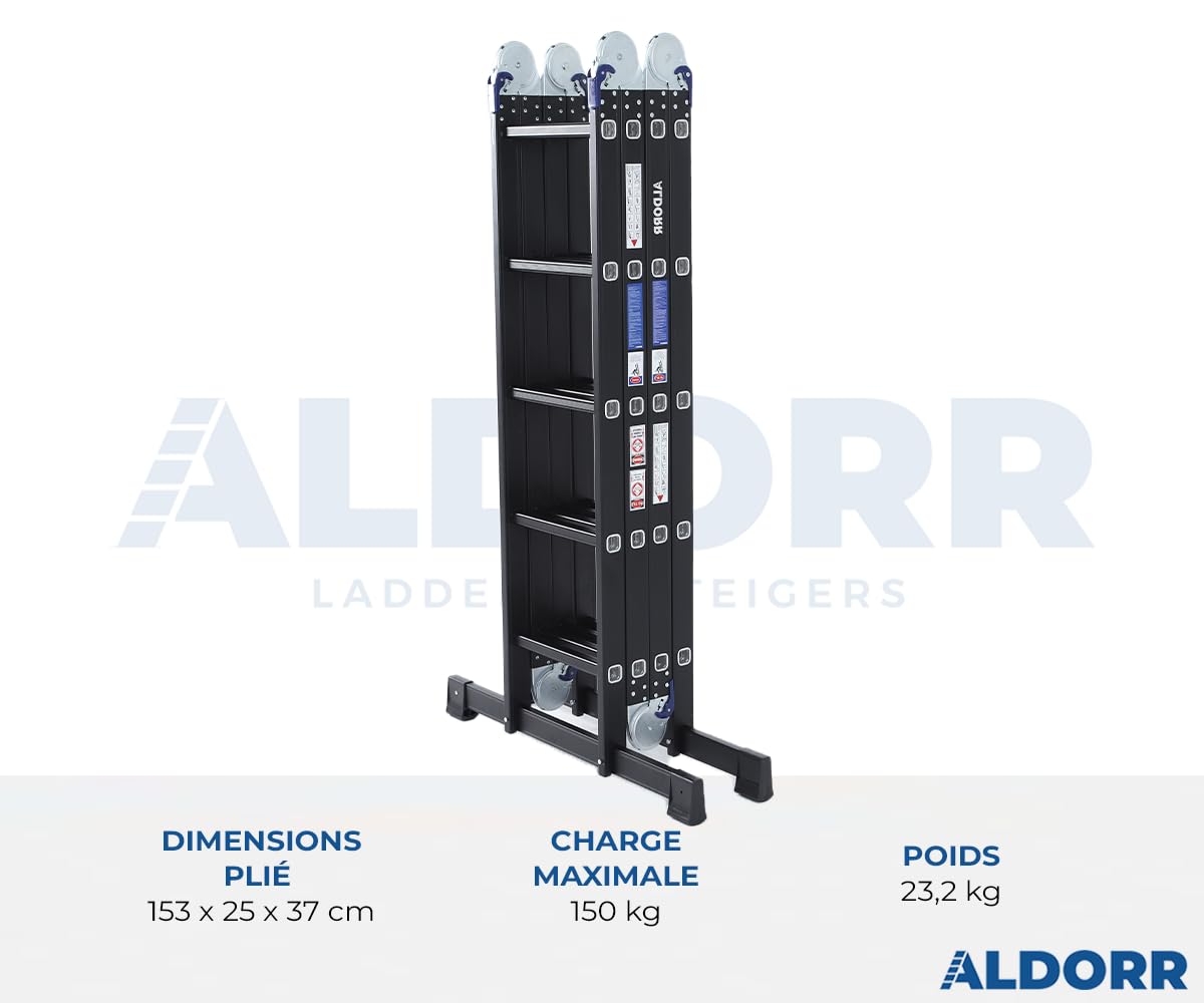 ALDORR 4x5 Professionnelle Échelle Pliante sans Plateforme - Aluminium de Haute Qualité - Polyvalente - Capacité de Charge Jusqu'à 150 kg - Pliable - Sûr et Fiable (EN131) - Échelle Extensible