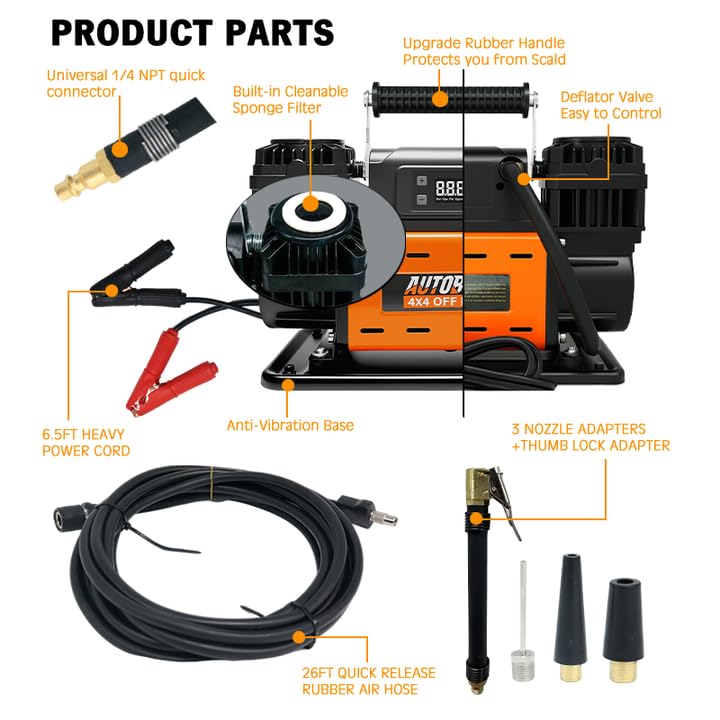 Compresor de Ruedas Portátil Bicilíndrico 12V 350L/min 150PSI con Pantalla LCD Inteligente Auto Stop, Accesorios y Bolsa Reforzada