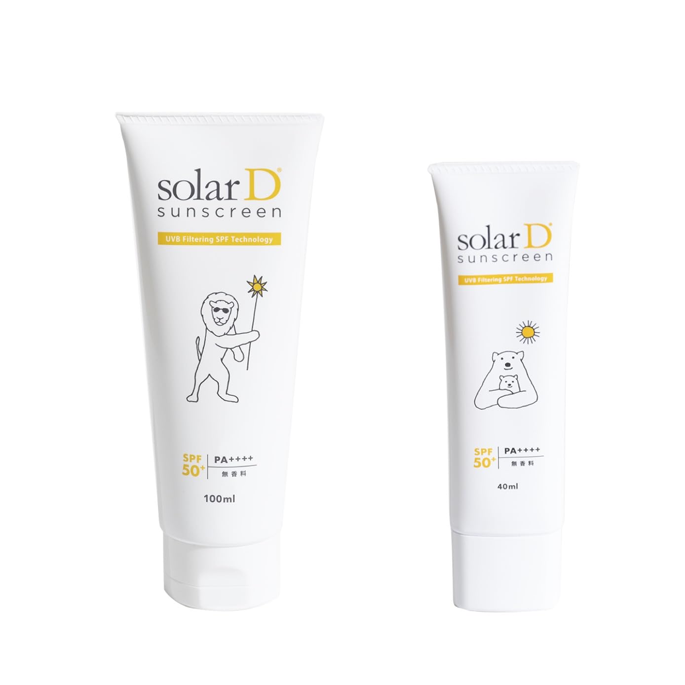 Solar D Sunscreen, Set of 2, 3.4 fl oz (100 ml) (Lion) + 1.4 fl oz (40 ml) Sunscreen, SPF 50+ PA+++, For Babies, Kids, Face, Sweat and Water Resistant, Vitamin D Cream Type