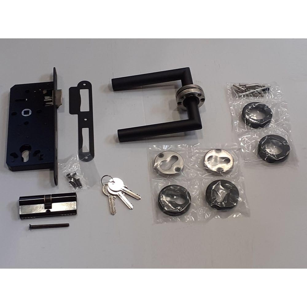 Serrure à encastrer portail jardin set noir – entraxe 72 mm axe 45 mm avec poignées et rosaces acier inox cylindre 40/40 avec 3 clés