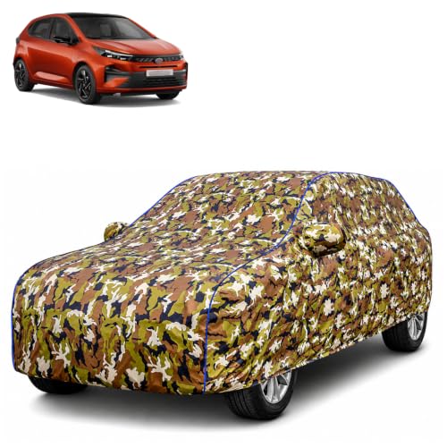 Image of Waterproof Car Body Cover for Tata Altroz with Mirror Pocket| Cotton Inner Lining | Triple Stitched | All Weather Protection | Dust, UV & Rain Proof (Camouflage with Blue Piping)