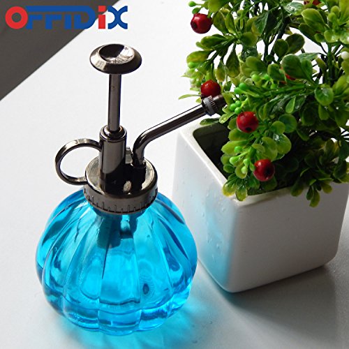 OFFIDIX Glazen waterspuitfles, 6,3 inch hoge vintage stijl spritzer met bronzen plastic toppomp één hand gieter glazen spuitfles voor tuinieren (lichtblauw) - Afbeelding 6