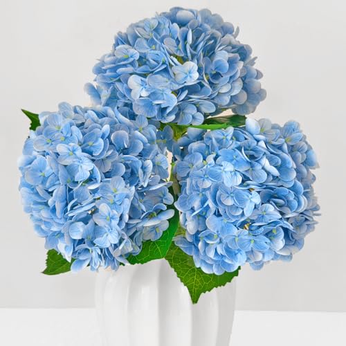 Real Touch Blue Hydrangea Artificial Flowers with Stems, Fake Silk Flowers for Outdoors, 3 Pcs Artificial Flowers for Home Decor Wedding Bouquets Centerpieces Vase