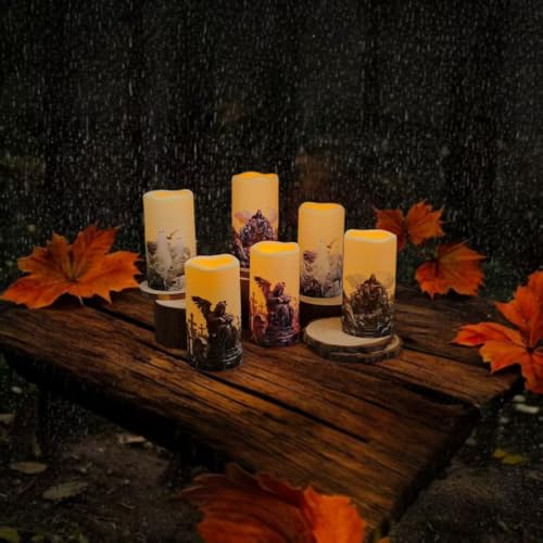 Image of Halloween LED Flameless Candles, Gothic Design, Set of 6, 5.7x3 inch, Remote Control with Timer, Battery Operated (6, D 3 inch)