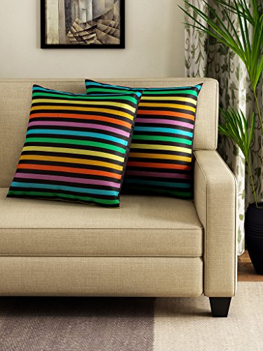 Image of Swayam Set of 2 Striped Print Cotton Multicolour Cushion Cover | 24 x 24 Inch | Soft Breathable Fabric with Hidden Zipper | Decorative & Stylish Cushion Covers for Sofa, Living Room, Bedroom & Couch