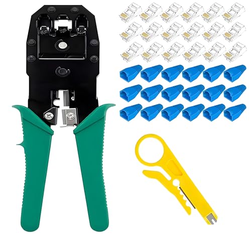 Image of XIKKART Crimping Tool | Rj45 Rj11 Crimping Tool Kit, Ethernet Crimp Tool, 30Pcs CAT5 CAT5e Cat6 Connectors, 30PCS Boot Covers, 1 Network Cable Wire Stripper And Cutter, Combo Set (Multicolor)