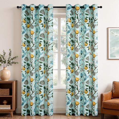 Image of Topfinel 94 Inches Long Custom Floral Curtains Unique Cottagecore Whimsical Vintage Pretty Fun Flower Hummingbird Patterned Double Sided Grommet Print Drapes for Bedroom Living Room Dining Mint Green
