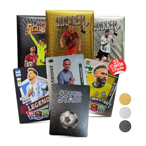 Soccer Trading Cards 2024-25 | 3 Packs - 33 Collectible Cards for Fans & Players Black, Gold & Silver Soccer Mystery Cards Packs Different Cards in Each Set - Try & Collect Them All
