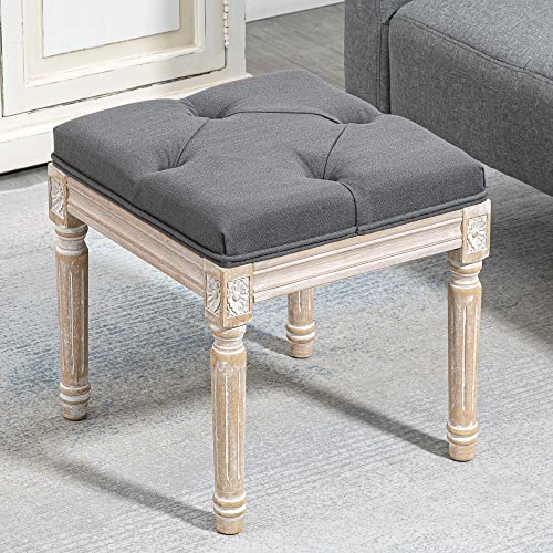 Homcom 15.75" Vintage Ottoman, Tufted Foot Stool With Upholstered Seat, Rustic Wood Legs For Bedroom, Living Room, Grey #TOP7