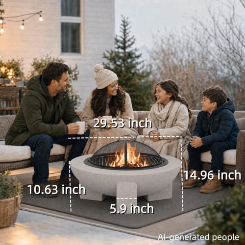 Image of Round Wood Burning fire Pit Outdoor Fireplace for Patio-29.5 inch Gray | MGO Cement Material,BBQ Firepit,Family S'mores Fun,Compact Firepit,Small Spaces,for Garden Backyard ,Outdoor Gatherings