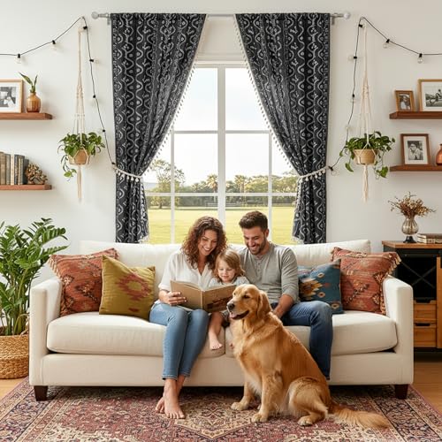 Image of Boho Curtains 63 Inch Long for Living Room, Bedroom, 2 Panels Floral Farmhouse Vintage Tassel Semi Sheer Light Filtering Privacy Window Curtain Drapes with Rod Pocket,Black