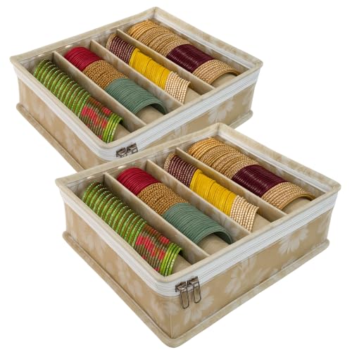 Image of 4 Rod Bangle Box Organizer for Women, Beige, Pack of 2 | Hard Board Chudi Storage Box, Removable Rods, Transparent Top Window, Jewellery Organizer