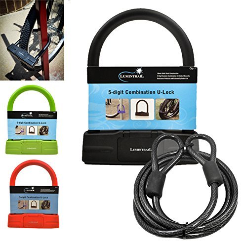 Lumintrail 18mm 5-Digit Bike Combination U-Lock - Black with 7-Feet Cable