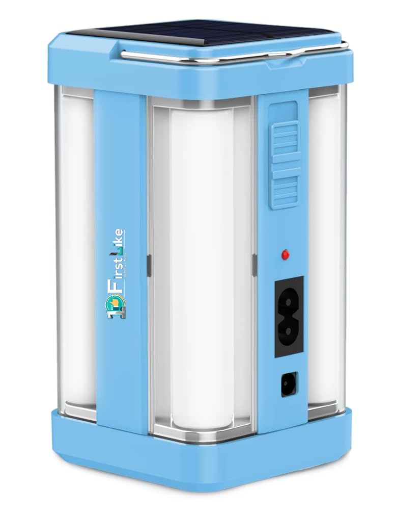 Solar Rechargeable Emergency Light for Home | 4 Side Tube Lantern Lamp with 32 SMD LED, Battery Backup, Floor Light for Indoor & Outdoor Use (Blue)