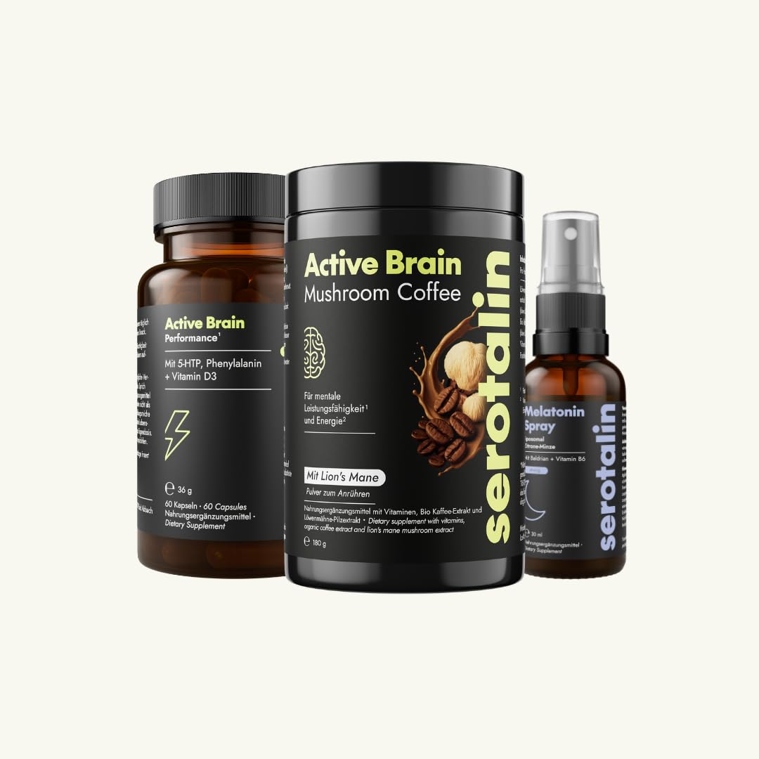 serotalin Active Brain 360° | 3in1 Brain Performance Set Active Brain Kapseln, Mushroom Coffee & Melatonin Spray | Fokus am Tag & entspannte Abendroutine | Vegan & Made in Germany
