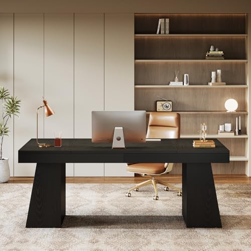 Image of Tribesigns 55-Inch Executive Desk, Thick Wood Office Computer Desk with Double Pedestal, Modern Minimalist Workstations Writing Table Conference Table Furniture for Home Office, Black