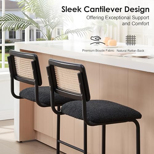 Image of ONEVOG Rattan Counter Height Bar Stools Set of 4, 26 inch Boucle Barstools with Natural Solid Wood Cane Back & Matte Black Metal Legs, Upholstered Counter Kitchen Island Chairs, Cantilevered Design, Black