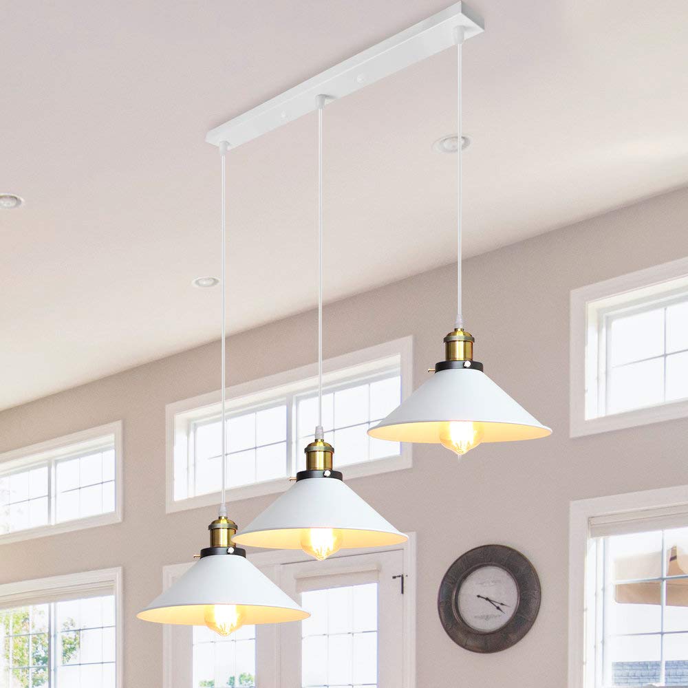 Suspension Lustre Industrielle 3 Lampes Luminaire Plafonnier Vintage Lustre Abat-Jour Ø22 cm en Métal de douille E27 Lampe Rétro pour Séjour Chambre Cuisine (Blanc,3 lampes-barre)