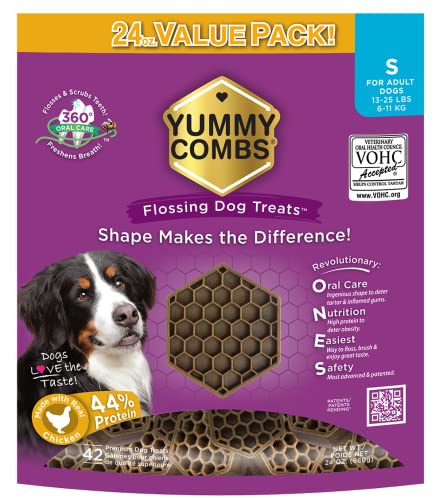 Yummy Combs Dog Dental Treats Vet VOHC Approved Delicious Chicken Protein Removes Tartar with Cleaning Comb Shape Dental Dog Treats for Small Dogs (24oz 42 Count)