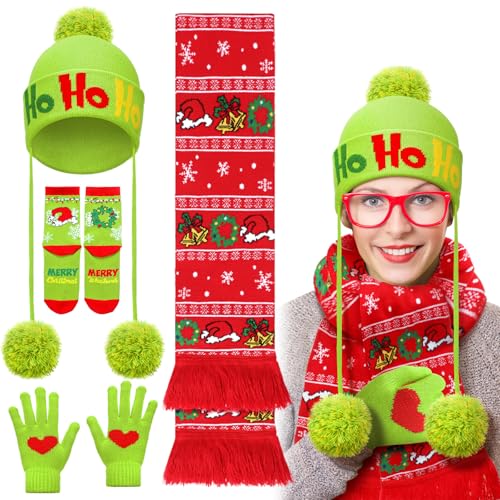 Coume 4 Pcs Winter Scarf and Hat Holiday Gifts for Women Red and Lime Green Beanie Gloves Hat Socks for Adults