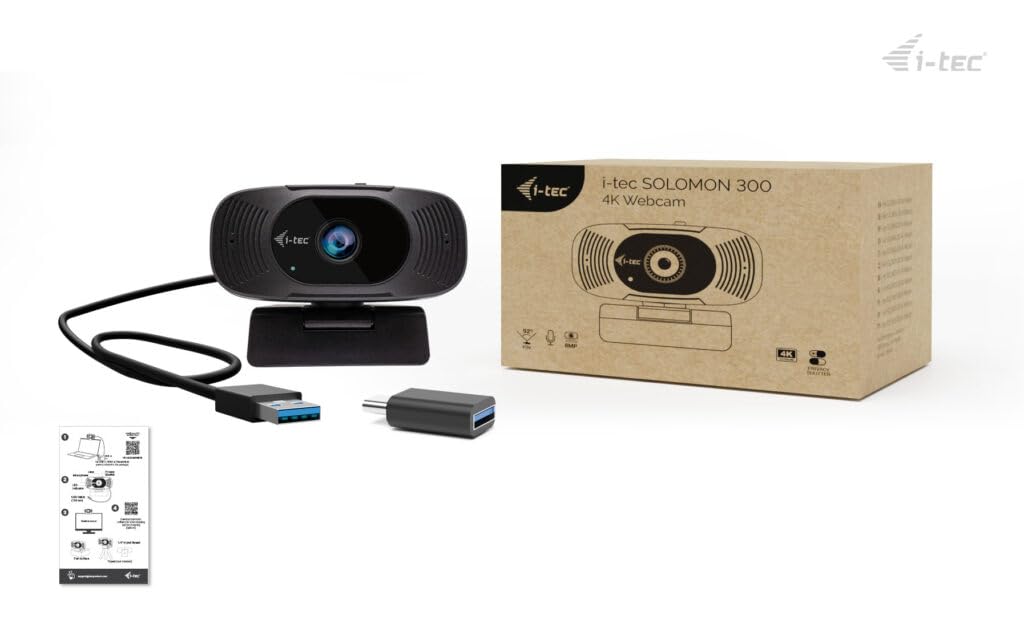 i-tec Solomon 300 kamera internetowa 4K z szerokim kątem widzenia 92° do spotkań i prezentacji, stała ostrość, automatyczna optymalizacja obrazu i zintegrowana osłona ochrony danych