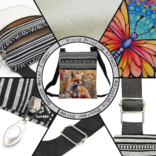 Floral Fox Messenger Bag Small Ethnic Pattern Printed Adjustable Strap Crossbody Zipper Bag Floral Fox Phone Bag Wallet Cute Shoulder Handbag for Women Friends -64