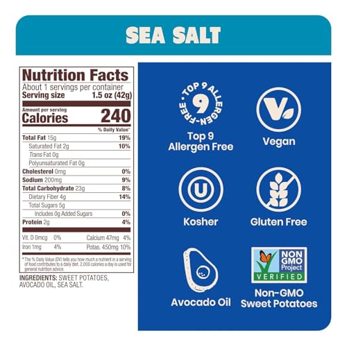 Image of Jackson's Sweet Potato Kettle Chips with Sea Salt made with Avocado Oil (1.5 oz, Pack of 10) - Allergen-friendly, Gluten Free, Peanut Free, Vegan, Paleo Friendly - Shark Tank Product