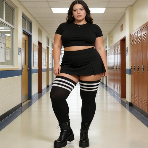 Image of DRESHOW Plus Size Thigh High Socks Striped Over Knee Long Boot Stockings Knee High Tube Socks Leg Warmers for Women