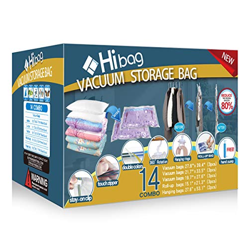 Hibag Space Saver Bags, 14-Pack Vacuum Storage Compression Bags (3 Jumbo Sizes, 3 Large Sizes, 3 Medium Sizes, 3 Carry-on Travel Bags, 2 Dress Hanging Vacuum Compression Bags and 1 Free Hand Pump)