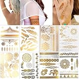 GLARYYEARS Metallic Gold Silver Temporary Tattoos, Large Big Fake Flash Glitter Animals Tattoo Stickers, 8 Pack for Women Men Adults Girls Body Beach Festivals Parties
