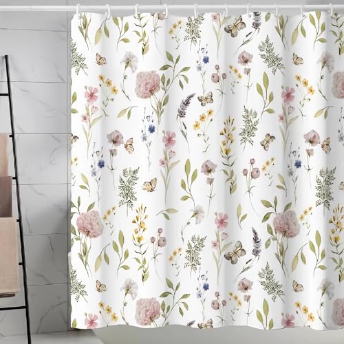 La Mejor Recopilación de Cortinas para baño los más recomendados. 48 MXKJ-IU Cortina De Ducha Flor Rosa,Decoración Exquisita De Baño,Cortina De Ducha De Tela De Poliéster Impermeable con 12 Ganchos,71 x 71 Pulgadas