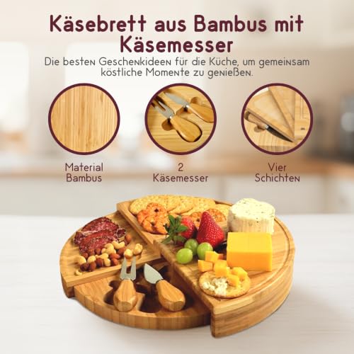 Bambus Käsebrett mit Käsemesser Set, 4 Lagen Rundes Käseplatte Servierbrett für Käse und Häppchen, Charcuterie Board, Drehplatte Servierplatte Holz drehbar, Serving Plate mit Käsemessern – Bild 2