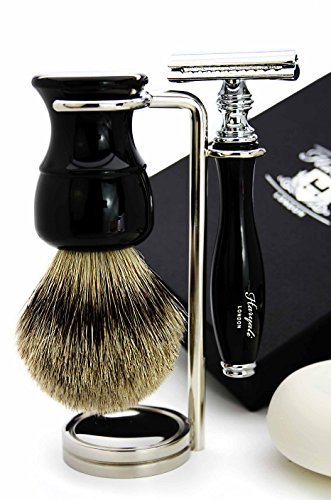 Haryali London, set completo da barba bagnato da uomo, 4 pezzi: rasoio di sicurezza a doppio taglio, pennello da barba in tasso con punta argentata, ciotola in acciaio inossidabile e sapone da barba.