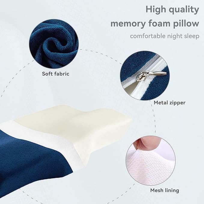 Image of Cervical Contour Memory Foam Pillow for Sleeping,Orthopedic Pillow for Neck Pain, Support for Back,Stomach,Side Sleepers, with Breathable Zip Cover (19X12X4INCH) (White) (Velvet Navy)