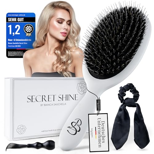 Bianca Sauchella Secret Shine Extensions Bürste Wildschweinborsten & Keratin-Stifte Anti-Frizz schonend & ohne Ziepen ideal für Tape-In Bonding & Clip-In Extensions Weiß