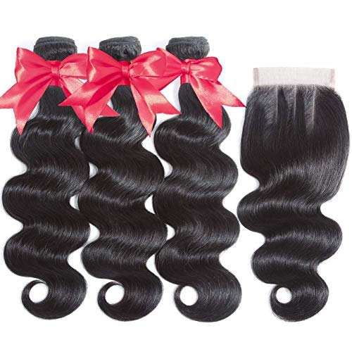 Flady Brazilian Body Wave with Closure 8A Unprocessed Brazilian Virgin Hair 3 Bundles with Three Part Closure Natural Black Human Hair Bundles With Closure (18 18 18+16inch closure)