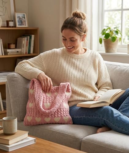Image of Crochet Bag, Stylish Tote Bag for Women, Beach Bag for Daily Use and Travel, Pink Woven Openwork Design, Perfect for College Girls and Fashion Enthusiasts