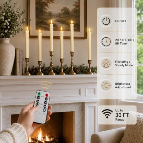 Image of Lezonic Flameless Taper Candles with Remote Timer, Battery Operated Flickering LED Fake Candles for Dining Table Centerpiece Wedding Christmas Mantel Decor, 0.8 x 9.5 inch