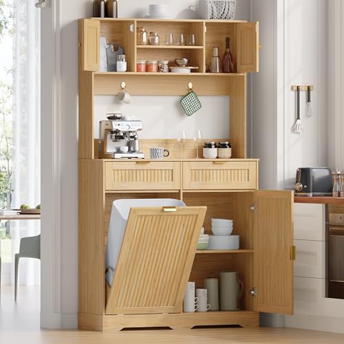 Image of Single 13 Gallon Tilt Out Trash Can Cabinet,Garbage Cabinet with Drawer | Hidden Garbage Storage with Fluted Design, Drawer & Hooks for Kitchen, Dining Room and Small Space Organization,Natural Oak
