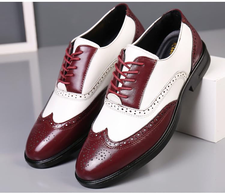 Dress Oxford for Men Lace Up Brogue Embossed Wing tip Two Tone Vegan Leather Oxford Shoes Slip Resistant Low Top Block Heel Party (Color : Red, Size : 9.5)3