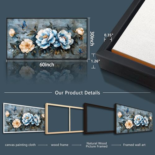 KELIYUAN Large Framed Canvas Wall Decor For Living Room Wall Art For Bedroom Modern Room Abstract Wall Painting Black Framed Flower ink painting Dining Room Home Decor Print Artwork Posters 30"X60"