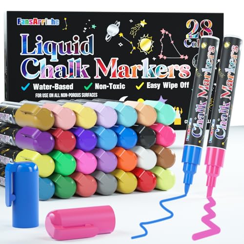 FansArriche Rotuladores Tiza Liquida 28 Colores- No Tóxicos para Ventanas, Rotuladores Pizarra Blanca, Marcadores de Ventana Lavables para Vidrio, Punta Reversible de Bala y Cincel