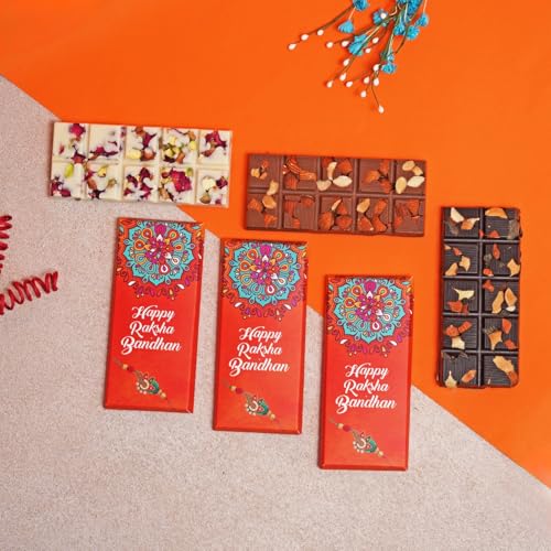 Image of Velvet Fine Chocolates Rakhi Themed Bars | Assorted Chocolate Flavors & Evil Eye Rakhi | Handcrafted Delights | Pack of 1